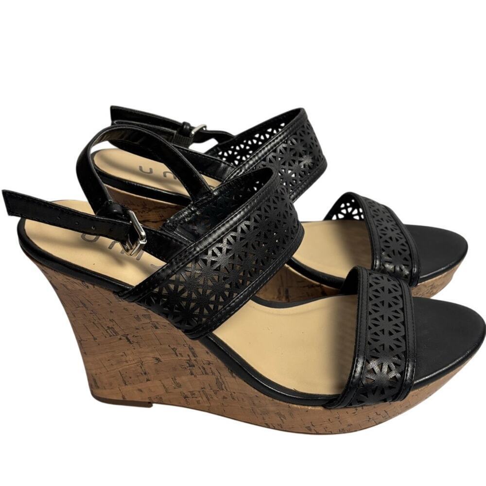 Unisa Black Wedge Geometric Cutout Sandals